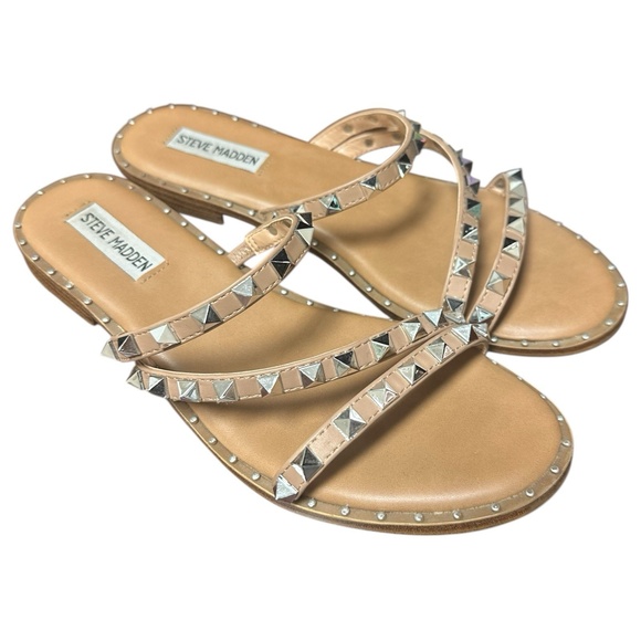 Steve Madden Tan Slide Sandals Mini Heel w/Studded Straps Womens size 8.5 - Picture 1 of 7
